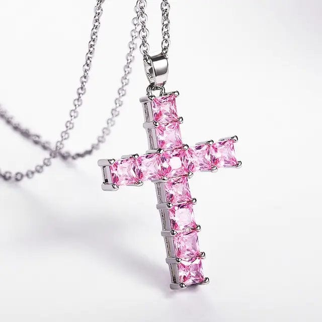 AL6883-Silver-Pink Personality Cross Copper Necklace