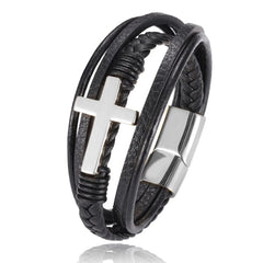 Silver / 18.5cm Men's Leather Bracelet